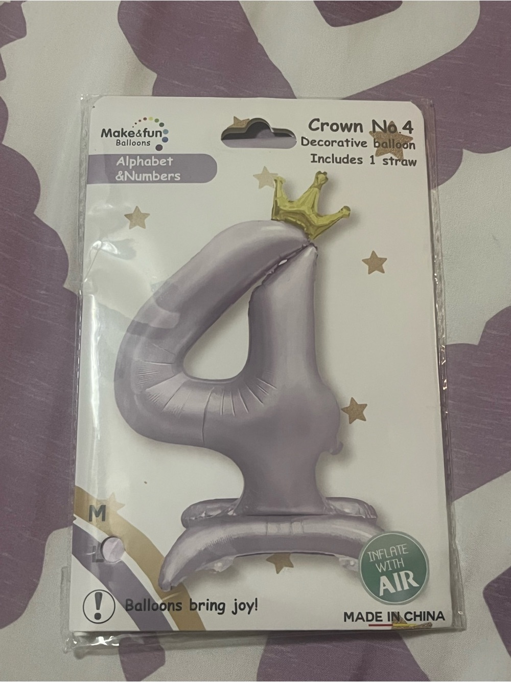 Kids Decorative Number 4 Balloon - Purple with Gold Crown